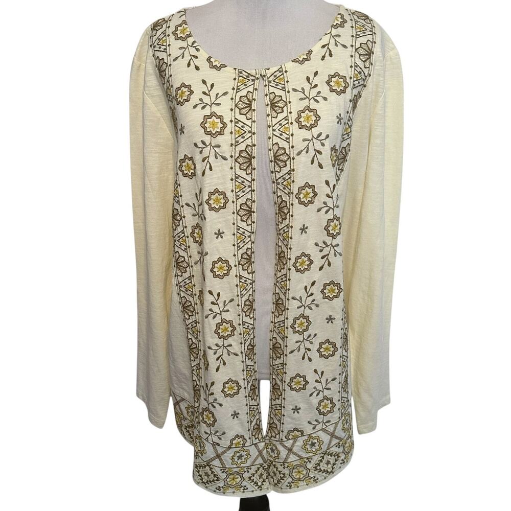 LOGO Lavish Lori Goldstein Embroidered Cardigan Womens Size 1X Cream Floral Boho